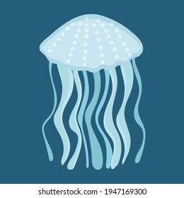 Beautiful blue sea jellyfish on a bright blue background.