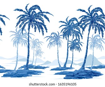 Beautiful blue seamless pattern in chinoiserie style with palms, mountains, sun. 