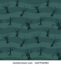 Beautiful blue seamless pattern for halloween with creepy black trees silhouettes