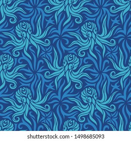 Beautiful blue seamless pattern with stylized octopus silhouettes in the water