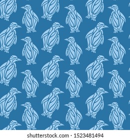 Beautiful blue seamless pattern with stylized penguin silhouettes
