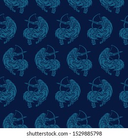 Beautiful blue seamless pattern with zodiac symbol saggitarius silhouettes