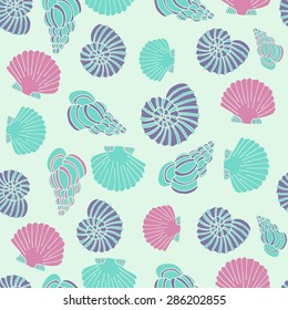 Beautiful blue seamless sea summer pattern with isolated vector seashells