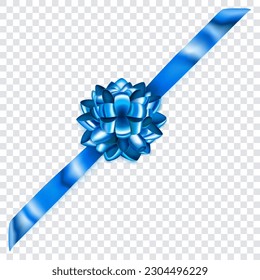 Beautiful blue shiny bow with diagonally ribbon with shadow on transparent background