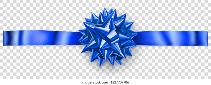 Beautiful blue shiny bow with horizontal ribbon with shadow on transparent background