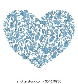 Beautiful blue silhouette of the heart of lace flowers, tendrils and leaves. Isolated on white.