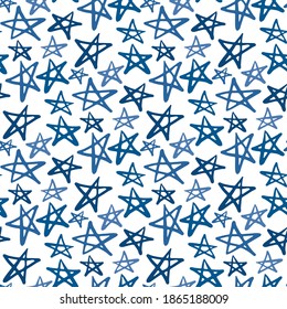 Beautiful blue sketch stars isolated on white background. Cute starry seamless pattern. Vector flat graphic hand drawn illustration. Texture.