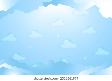 Beautiful blue sky with abstract hand-painted watercolor clouds and blue paper cutout illustrated clouds on corners and top. Three small flying white birds. Vector Illustration. EPS 10.