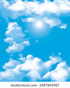 Beautiful blue sky bright sun and light clouds wide vector with nesh effect.