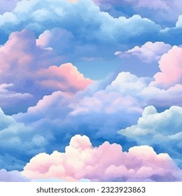 Beautiful blue sky cloud in watercolor style design, vector illustration. Seamless pattern.