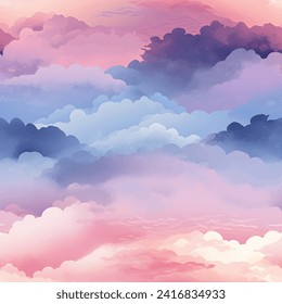 Beautiful blue sky cloud in watercolor style design, vector illustration. Seamless pattern.