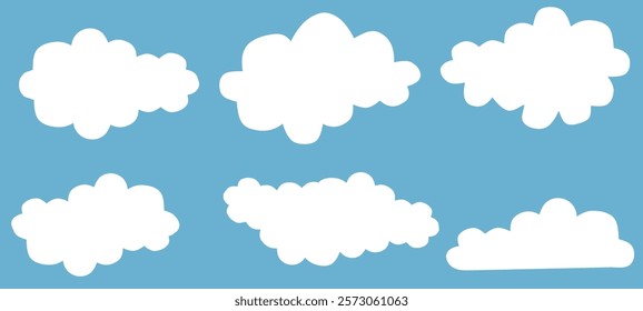 Beautiful blue sky clouds for background. Flat cloud. Simple cloudy shapes. Cartoon white puffy, fluffy and cumulus clouds in blue sky. Abstract comic weather elements. Objects cloudscape for game.