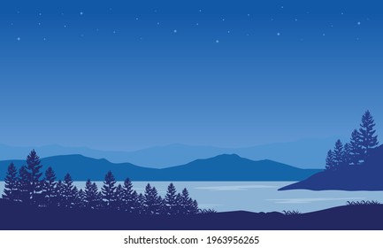 Beautiful blue sky color with stunning mountain views from the riverbank at night. Vector illustration of a city