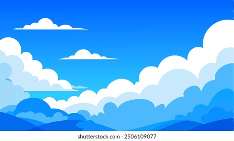 Un hermoso cielo azul con nubes esponjosas y majestuosas montañas