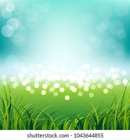 Beautiful blue sky with fresh spring grass background 