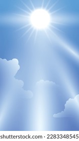 Beautiful blue sky with shining sun, sunbeams and some clouds. Vertical template design in gradient effect.
