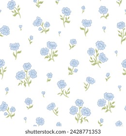 Beautiful blue small roses flowers seamless pattern for girl,  fashion fabric print. Vector illustration