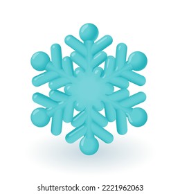Beautiful blue snowflake 3D icon. Three-dimensional flake vector illustration on white background. Decoration, Christmas, winter, weather, ornament concept