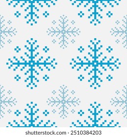 Bonito azul floco de neve bordado ponto cruz sem costura padrão. Ilustração pixel étnico padrões.Decoração de Natal. Ano Novo ornament.Design para feliz decoração de férias, natureza winter.snowfall.