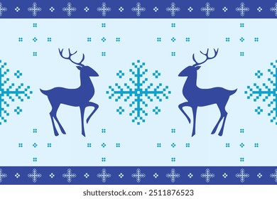 Beautiful blue snowflake and deer cross stitch embroidery seamless pattern. Illustration pixel ethnic patterns.Blue Christmas decoration. New Year ornament.Design for happy holiday decorate,Folk art.