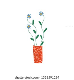 Beautiful Blue Spring or Summer Flowers in Red Vase, Bouquet of Fresh Flowers Vector Illustration