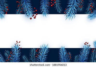 Beautiful blue spruce branches with red holly berries. Template for banners, posters. Vector holiday illustration.