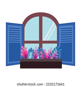 Hermosa tienda azul o ventana de la casa con flores coloridas ilustraciones vectoriales de la olla. Dibujo de la ventana de vidrio de dibujos animados con estilo de arte plano de dibujos animados aislados en fondo blanco.