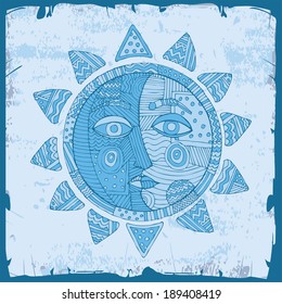 beautiful blue sun with moons on blue sky 