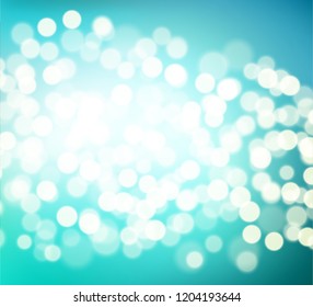 Beautiful Blue teal gradient background bokeh effect. Blurred winter backdrop. Vector illustration for your graphic design, banner, poster, christmas card