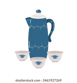 Beautiful blue teapot with bowls on white background.