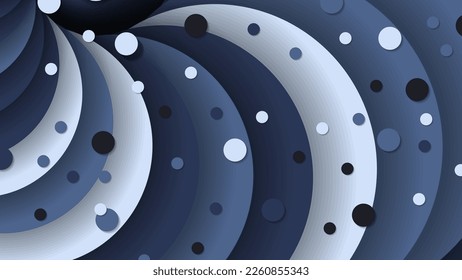 Hermoso, en tonos azules, fondo geométrico con un efecto 3D. Círculos de distintos tamaños sobre formas semicirculares superpuestas. Vector.
