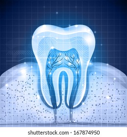 Beautiful blue tooth cross section. Detailed anatomy, abstract design with lights.