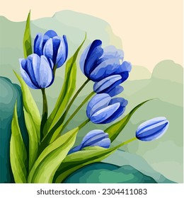 Beautiful blue tulip flowers in bloom, watercolor dye painting, vector EPS 10 illustration