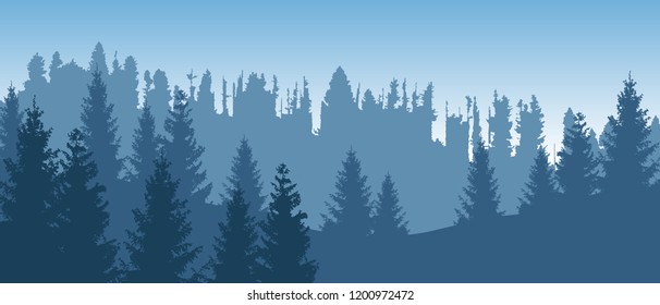 Beautiful blue vector forest landscape with coniferous trees. 