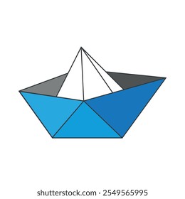 Una hermosa Ilustración vectorial azul de un bote de juguete de papel de origami aislado en un fondo blanco