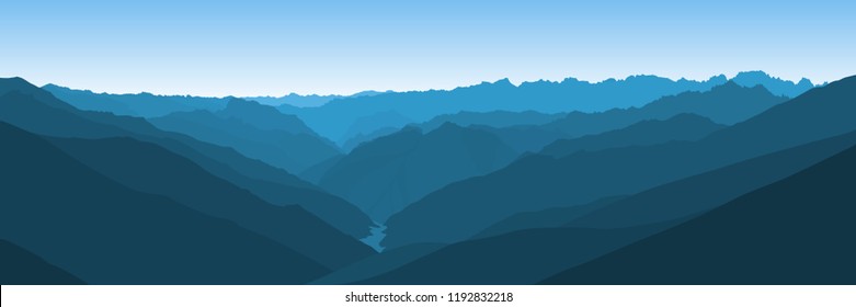 Beautiful blue vector landscape with a curvy valley in Himalaya mountains.