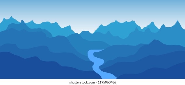 Beautiful blue vector landscape with a curvy river meandering in mountains.