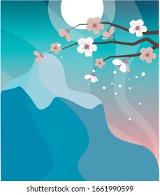 bello paisaje vectorial azul con ramas sakura y montaña