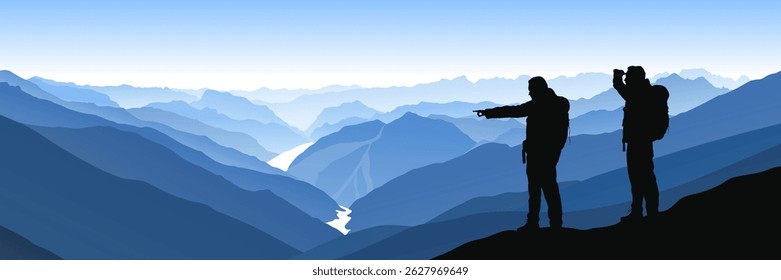 Beautiful blue vector landscape with two hikers looking at a curvy valley in Himalaya mountains.