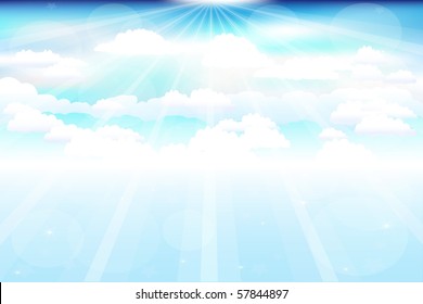 Beautiful  Blue Vector Sky With Clouds, Beams And Stars