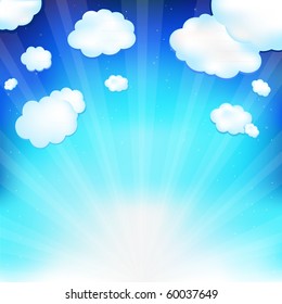 Beautiful  Blue Vector Sky With Clouds, Beams And Stars