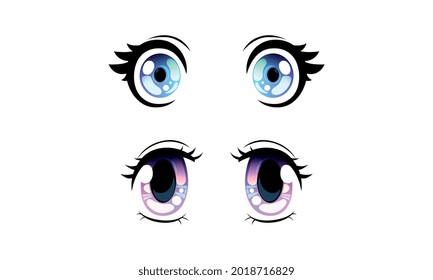 Beautiful Blue and Violet Eyes with Shiny Light Reflections Set, Cute Expressive Eyes in Anime Manga Style Cartoon Vector Illustration