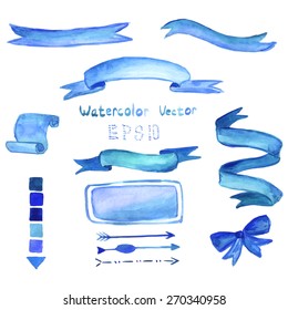Beautiful blue watercolor ribbon and arrow set. Hand drawn isolated elements for design. Vector illustration. 