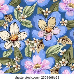 Beautiful blue, white, purple flowers, hand drawn, seamless, on dark blue background. Designed for fabric, fashion, textiles, wallpaper, gift wrap.