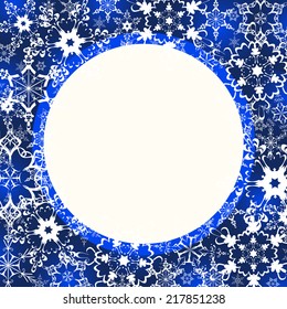 Beautiful blue winter frame with white stylized snowflakes. New Year and Christmas festive card with place for text. Stylish winter background. Vector illustration