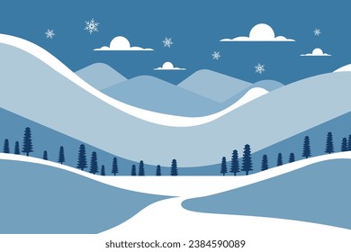 wunderschöne blaue Winterlandschaft mit Schneeflocken-Berg für Bannerposter-Illustration