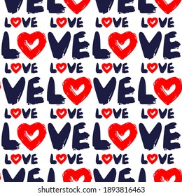 Beautiful blue word love and red heart isolated on white background. Cute seamless pattern. Vector flat graphic hand drawn illustration. Texture.