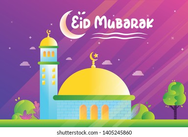 a beautiful blue and yellow domed mosque, and a tower with matching colors beside it. with the night sky decorated by stars. This vector can be used for greeting cards, posters, stickers and brochures