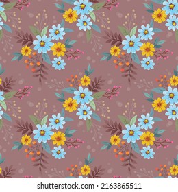 Beautiful blue and yellow flowers on brown color background seamless pattern.