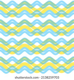 Hermosas olas amarillas azules con transparencia en un fondo blanco. Patrón vectorial ondulado sin costura para textiles, superficie, diseño de embalaje.